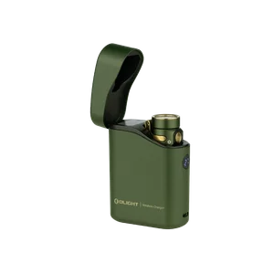 Olight Olive Green Baton 4 Premium flashlight in open charging case with digital display for EDC and portable power.