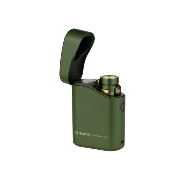 Olight Olive Green Baton 4 Premium flashlight in open charging case with digital display for EDC and portable power.