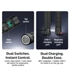 Flashlight with dual switches and dual charging options: side switch, tail switch, USB-C, and magnetic charging.