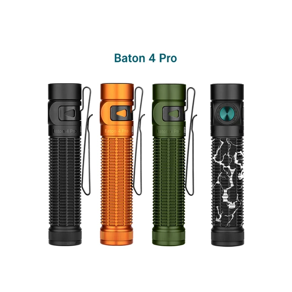 Black Olight Baton 4 Pro EDC flashlight with teal side switch, rugged grip
