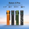 Olight Baton 4 Pro flashlights in orange, black, green, and black/white. Features: 1600 lumens, 200m beam, dual switches, dual charging.