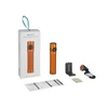 Olight Baton 4 Pro orange flashlight, charging dock, magnetic charging cable, and instruction manual.