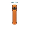Olight Baton 4 Pro orange portable tactical LED flashlight with black side switch and textured body