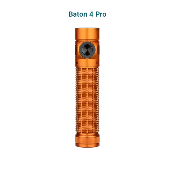 Olight Baton 4 Pro orange portable tactical LED flashlight with black side switch and textured body