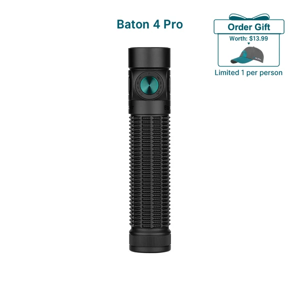 Baton 4 Pro flashlight in black with a green button, shown with an order gift of a gray and teal cap.
