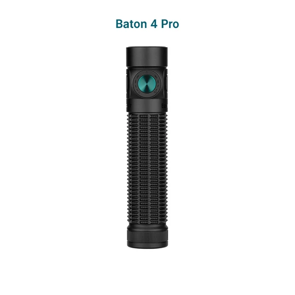 Black Olight Baton 4 Pro EDC flashlight with teal side switch, rugged grip