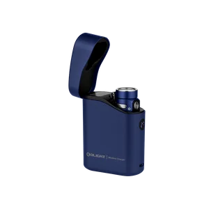 Olight blue Baton 4 Premium flashlight in its open wireless charging case with digital display for everyday carry.