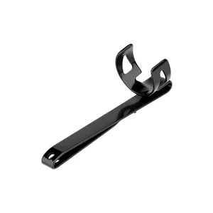 Black metal bicycle water bottle cage mount on white background