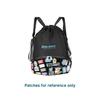 Black drawstring backpack with Olight logo and attached decorative patches.