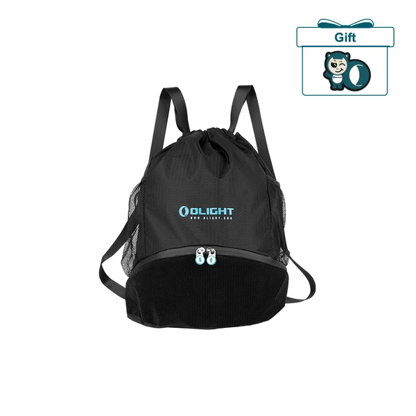 Black Olight drawstring bag with mesh pockets and zip compartment, gift box with panda logo.