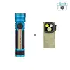 Olight Blue Seeker 4 Pro flashlight with textured grip and Olive Oclip Pro EDC light with topographic pattern for outdoor use.