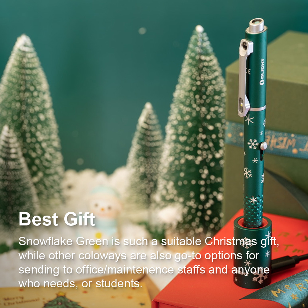 Olight Snowflake Green penlight Christmas gift among snowy pine trees.