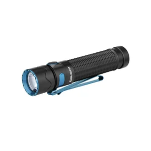 Olight Black and Blue Warrior Mini 2 Flashlight Side View with Textured Grip and Pocket Clip for Everyday Carry