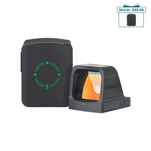 Olight Osight red dot sight with a smart charging cover displaying green battery percentage indicator.