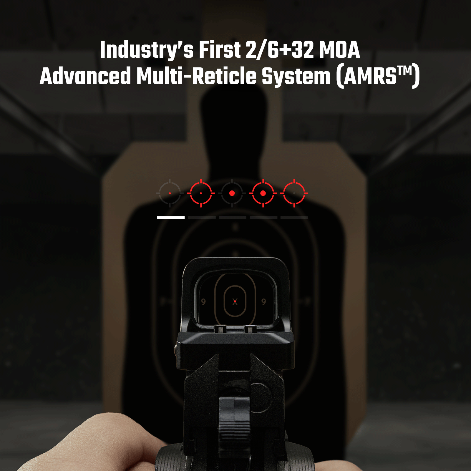 Hand holding a pistol with a red dot sight, aiming at a target downrange with various reticle options shown.