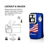 Olight blue flashlight with American flag pattern, showing lockout and unlock instructions by pressing and holding for 2 seconds.