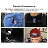 Multi-use flashlight: keychain, attached to backpack strap, under car hood, and as a headlamp on a cap.