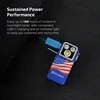 Olight flashlight with US flag design charging via USB-C, highlighting its 144-hour runtime and power indicator.