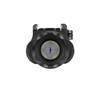 Front view of a black tactical weapon light with a vertical green laser emitter lens on a white background.