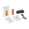 Olight Orange Perun 3 Mini right-angle flashlight with headlamp strap, charging cable, and user manual for versatile lighting needs.