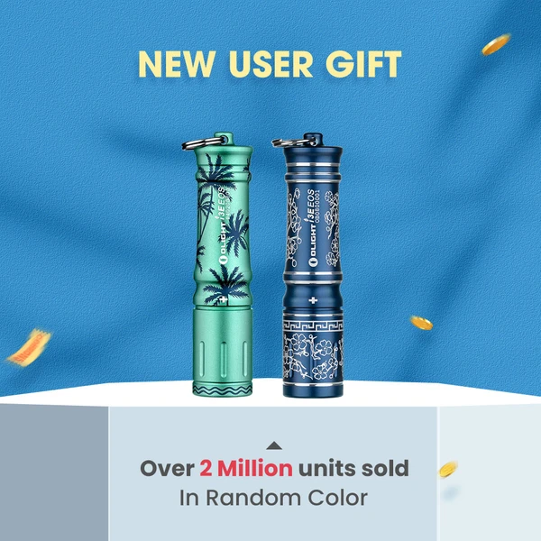 Olight i3E EOS keychain flashlights in green palm and blue floral designs as a new user gift promotional offer