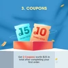 Olight Sphere C First Order Gift promotion featuring ten and fifteen dollar discount coupons on blue textured background