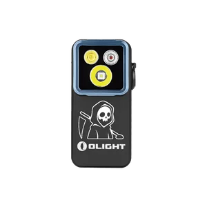 Olight Black Oclip Clip-on Light Front View with Grim Reaper Skull Graphic and Triple LED for Outdoor EDC Gear