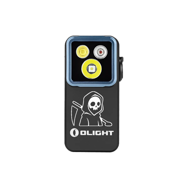 Olight Black Oclip Clip-on Light Front View with Grim Reaper Skull Graphic and Triple LED for Outdoor EDC Gear