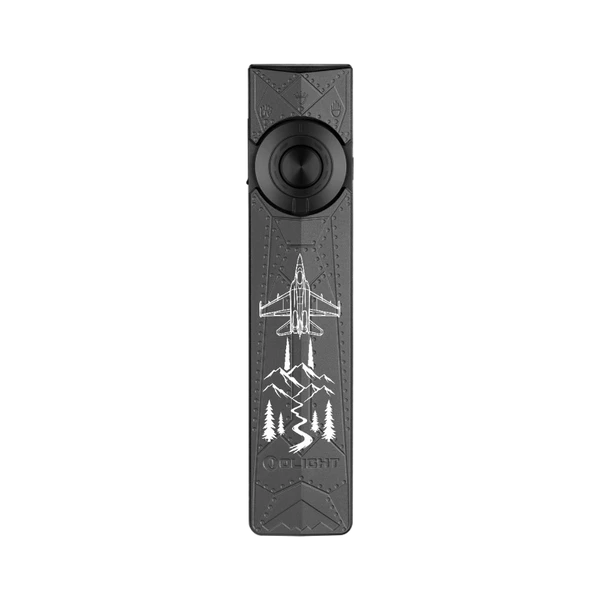 Olight Grey ArkPro Flat Flashlight Front View with Jet and Mountain Engraving for EDC and Outdoor Adventure