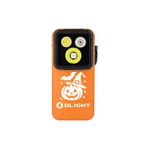 Olight Orange Oclip EDC Light Halloween Edition Pumpkin Bat Graphic Front View Compact Wearable Safety Light