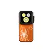Orange Olight Oclip Clip-on Light Front View with Spider Web Graphic and Dual LED Beams for Hands-Free Outdoor Use