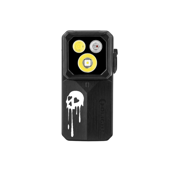 Olight black compact clip light with melting skull design and three LED lenses isolated on black background