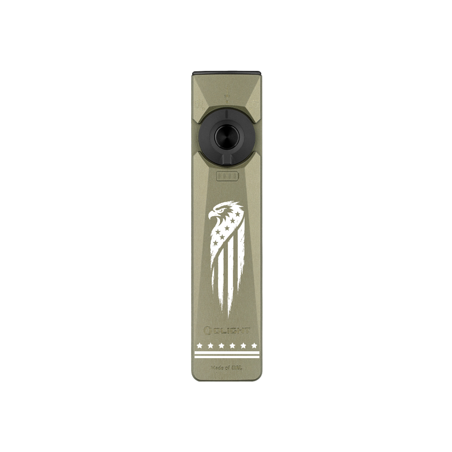 Olight OD Green Arkfeld Ultra Flat Flashlight Front View with Eagle Flag Engraving for Everyday Carry and Outdoor Use