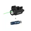 Olight Black Baldr S weapon light with green laser beam and blue iMini 2 keychain flashlight for tactical use.