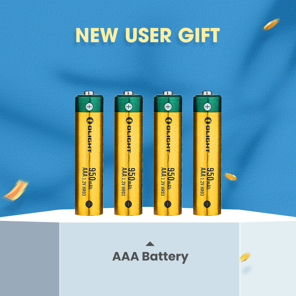 Four Olight Green and Gold 950mAh Rechargeable AAA Batteries Standing on a Pedestal for New User Gift Promotion