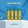 Four Olight Green and Gold 950mAh Rechargeable AAA Batteries Standing on a Pedestal for New User Gift Promotion