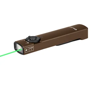Olight Arkfeld Brown Flashlight and Green Laser Combo from an angle, with a selector switch for presentation.