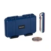 Olight blue protective hard case next to a folding pocket knife and commemorative coin