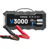 TOPDON V3000 portable car jump starter with heavy-duty red and black battery clamps isolated on white background