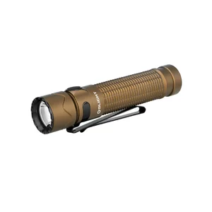 Olight Desert Tan Warrior Mini 2 flashlight with pocket clip for everyday carry and tactical use