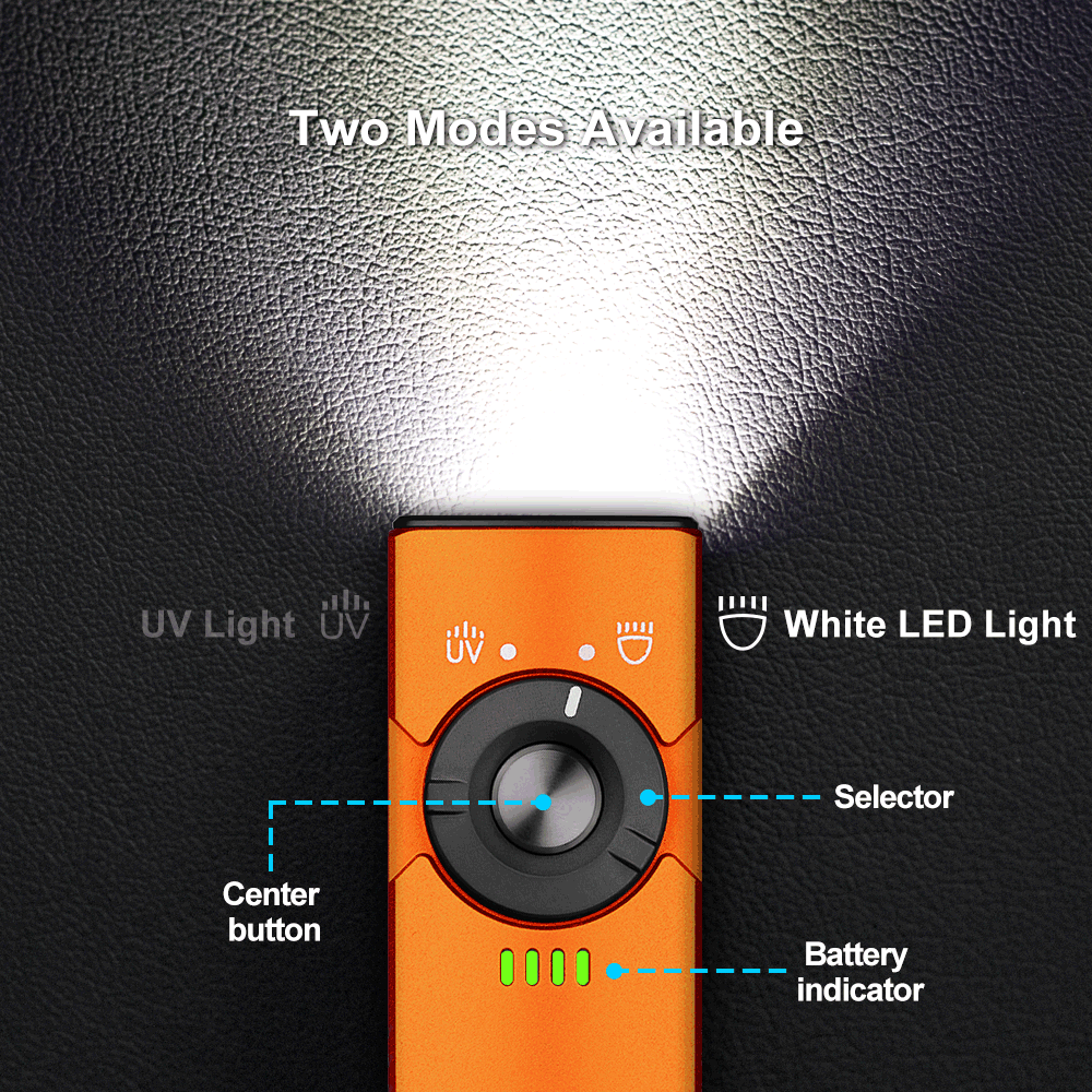 Orange flashlight with UV and white LED modes, selector dial, center button, and battery indicator