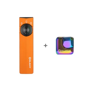 Olight Arkfeld Pro orange flat flashlight bundled with rainbow-colored Olight Otacle utility knife on white background