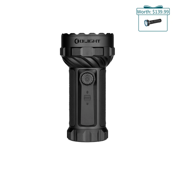 Olight Black Marauder Mini Powerful Flashlight Front View with Rotary Switch Knob for Outdoor Search and Rescue