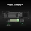 Thermal scope showing dual 18650 battery compartment with 10 plus hours battery life and 7s cold start time