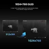 Comparison of thermal imaging resolution showing clearer deer outline on 1024x768 OLED screen versus 512x384.