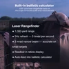 Shooter aiming rifle with built-in ballistic calculator and 1000-yard laser rangefinder specifications overlay