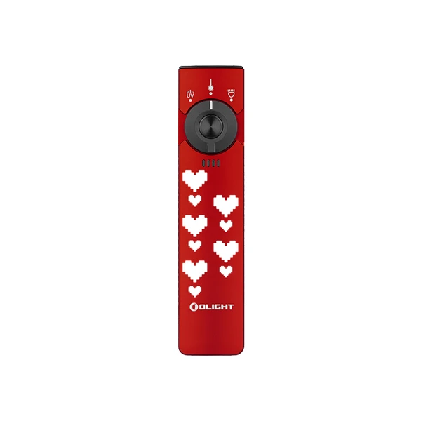 Olight Red Arkfeld Pro with pixelated hearts, showcasing a flat design and multi-functional use