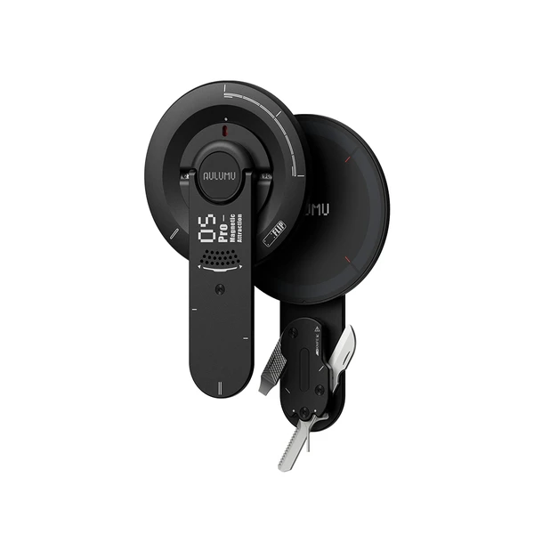 Aulumu black magnetic phone stand with integrated multi-tool knife on white background