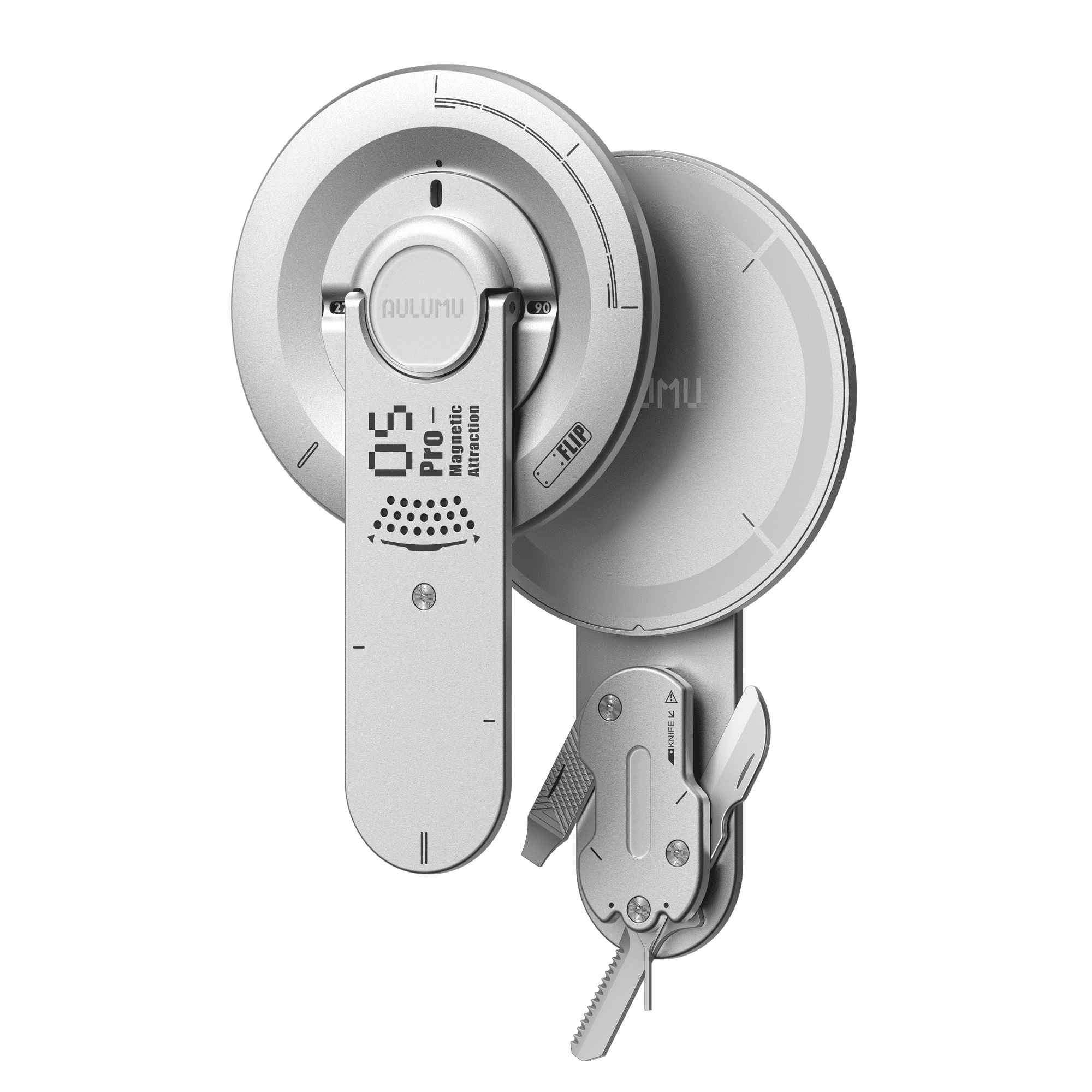 Aulumu M05 Pro silver magnetic phone stand and multifunctional EDC tool on white background