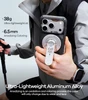 Hiker holding iPhone with a lightweight aluminum magnetic phone stand and grip, showcasing the ultra-slim design.